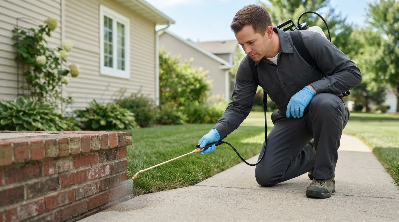 Pest control technician treating a home near Andover, KS